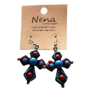 Fashion Jewelry Blue and Red Cross Earrings